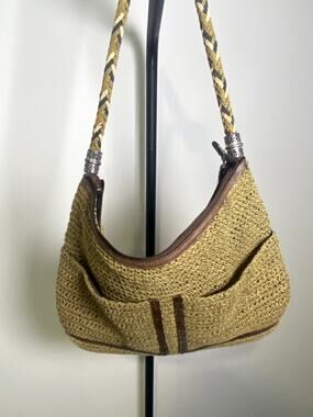 L-067 Brighton Olive Green Crochet Knit Hobo Bag Leather Trim Braided Handle
